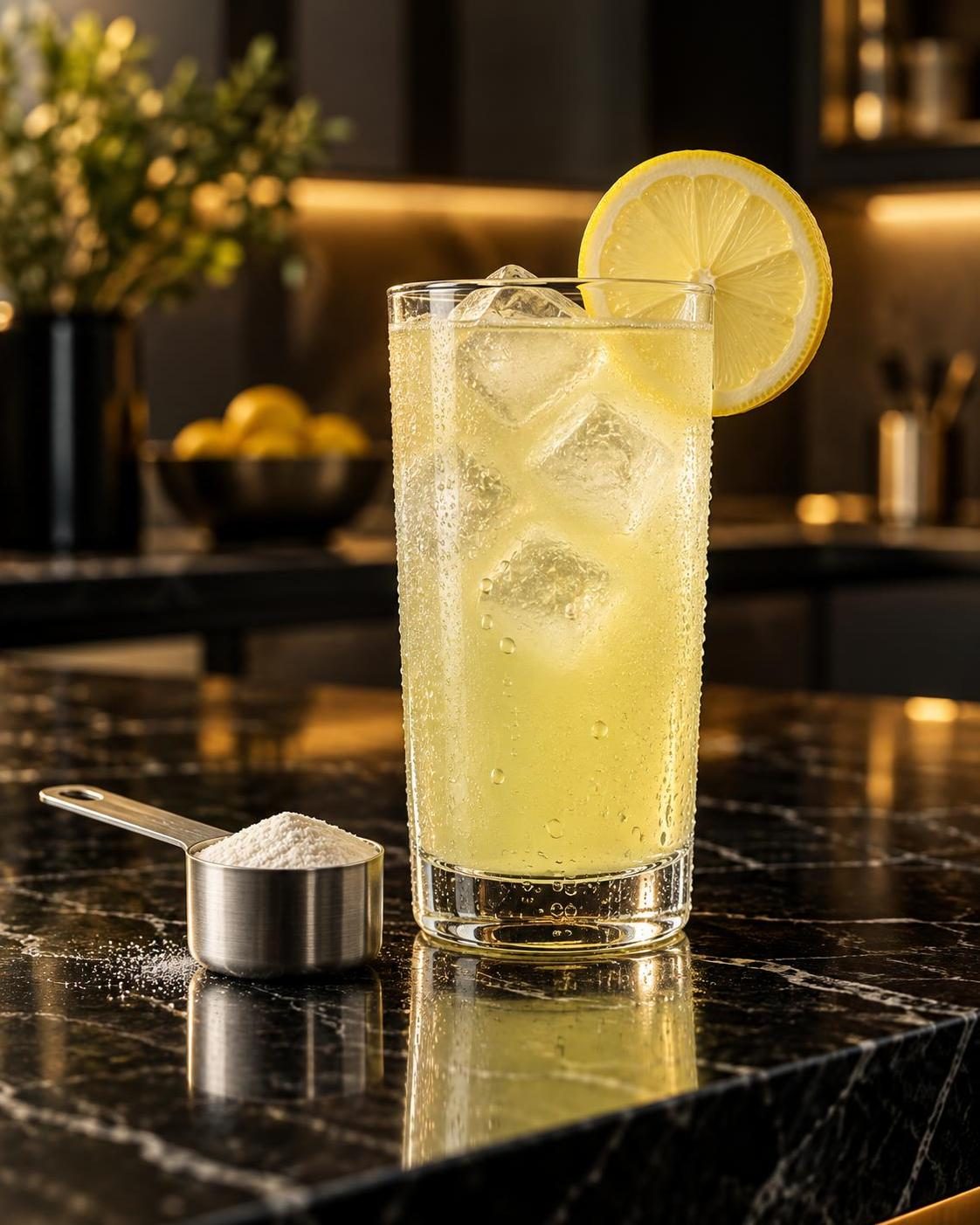 Glass of RDA100 lemon drink with a scoop of powder