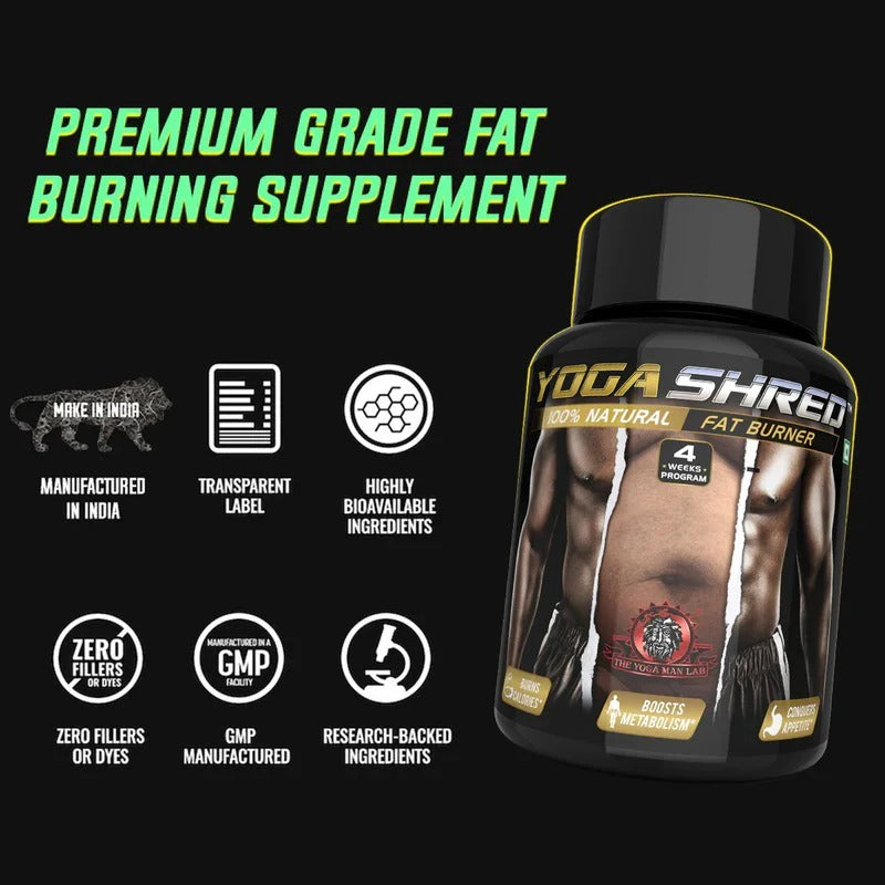 YOGA SHRED - Burn Fat At-Home Ayurvedic Supplement Capsules (Men) | Helps in Weight Loss & Boosting Energy | Ayurvedic & 100% Natural