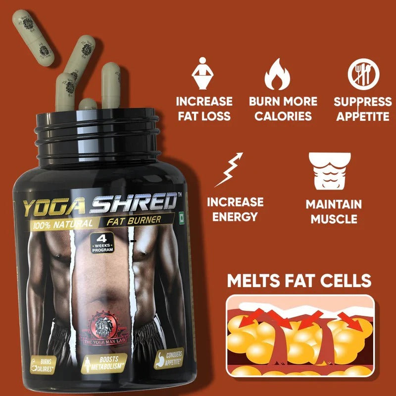 YOGA SHRED - Burn Fat At-Home Ayurvedic Supplement Capsules (Men) | Helps in Weight Loss & Boosting Energy | Ayurvedic & 100% Natural