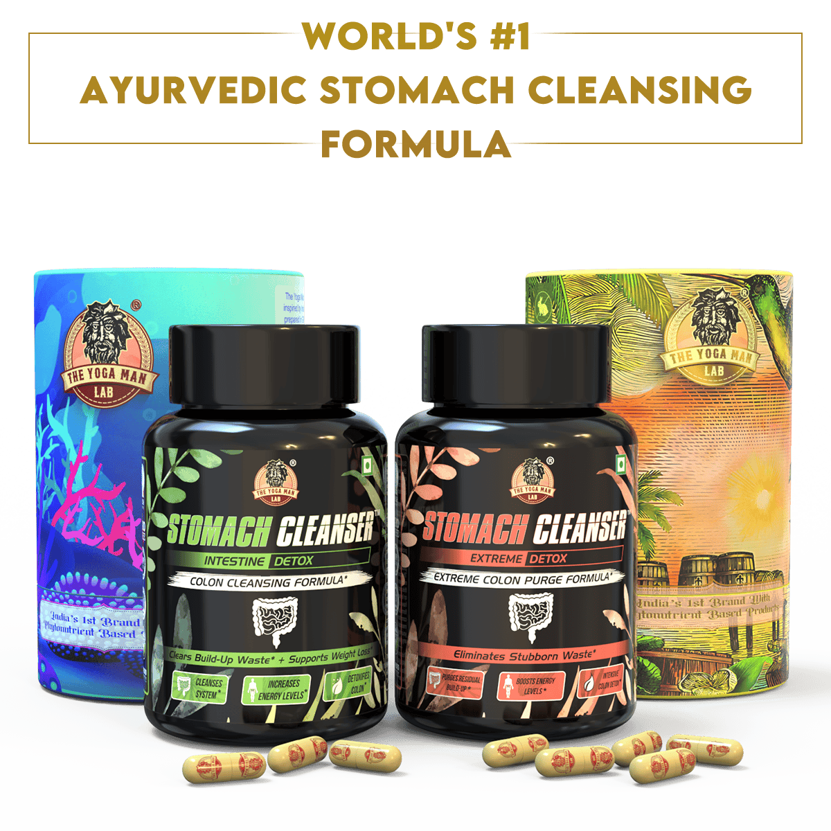 YogaManLab® STOMACH CLEANSER - Probiotic Detox & Flatter Belly Ayurvedic Supplement | 14-Days Program To Remove Constipation & Toxins | 100% Natural with Probiotics