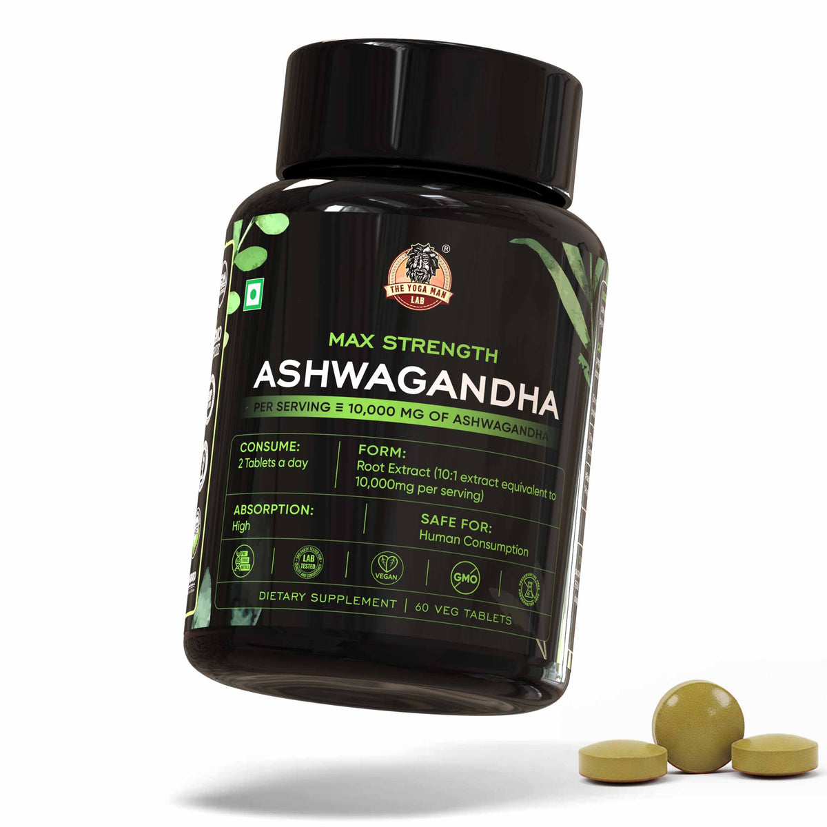 YogaManLab® Ashwagandha Tablets – High in Withanolides 100%, Lab Certified, Pesticide Free - For Testo Boost & Stress Relief - 60 Tablets