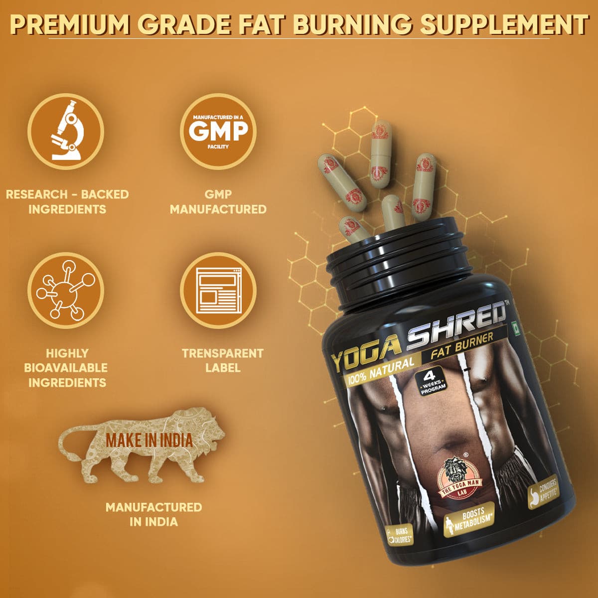 YogaManLab® YOGA SHRED - Home Fat Burner (Women) Ayurvedic Supplement | Thermogenic Weight Burner, Appetite Suppressant & Energy Booster | 100% Natural