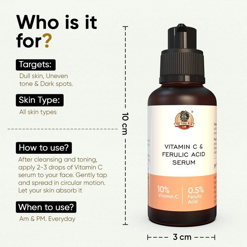 YogaManLab® 10% Pure Vitamin-C & 0.5% Ferulic Acid Face Serum | Brightens Dull Skin, Evens Tone