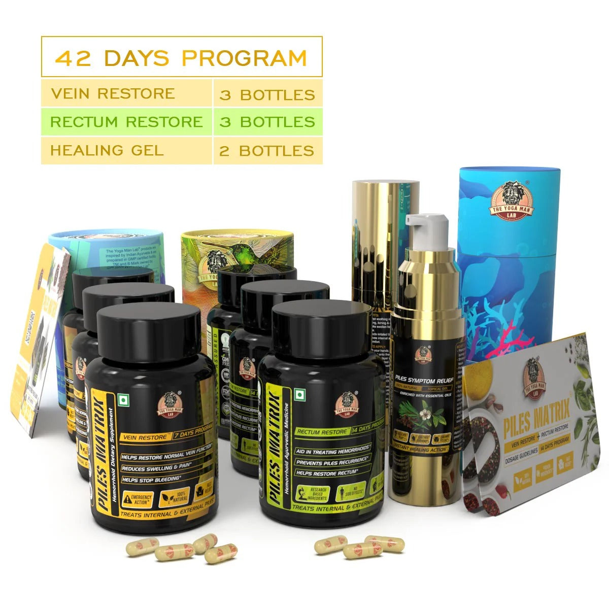 YogaManLab® PILES MATRIX - Ayurvedic Medicines for Piles Home Treatment | With Capsules, Lepam & Diet Booklet | Relives Pain & Itching, Shrinks Mass, & Treats Constipation | 100% Natural