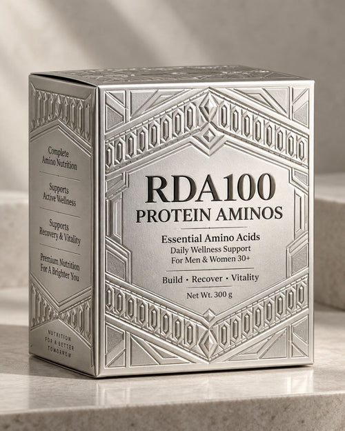 RDA100 Protein Aminos 300 g box in embossed silver