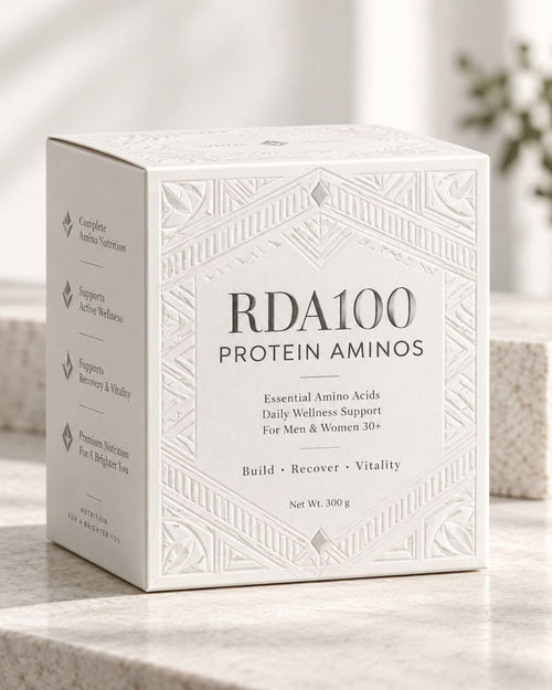 RDA100 Protein Aminos 300 g box in embossed white