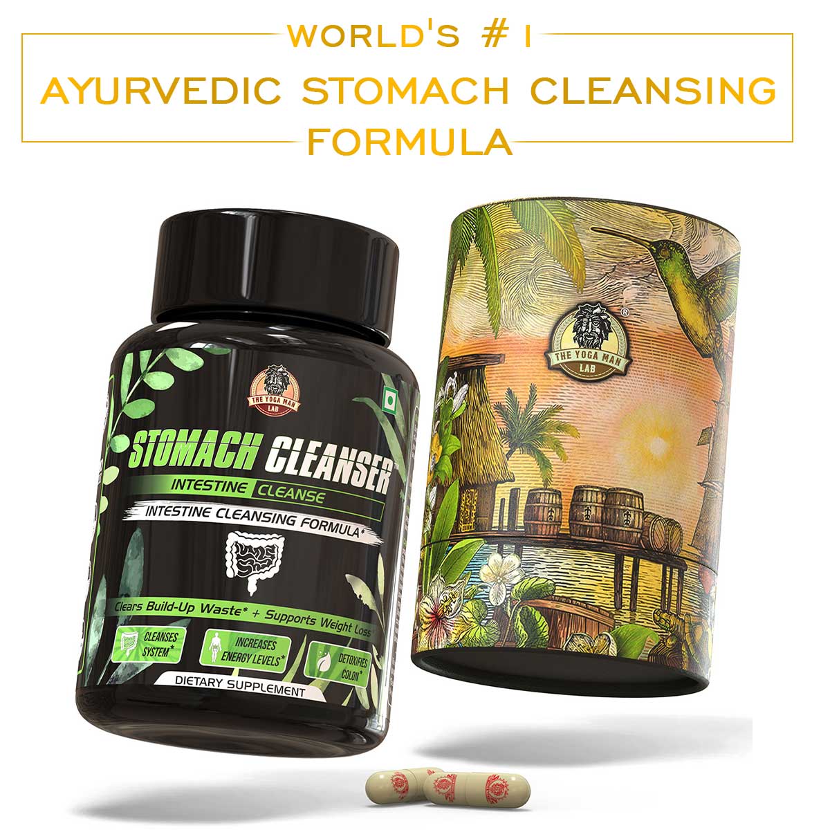 YogaManLab® STOMACH CLEANSER- Intestine Detox Ayurvedic Supplement | 14-Days Detox Program To Remove Constipation & Toxins | 100% Natural with Probiotics Main image